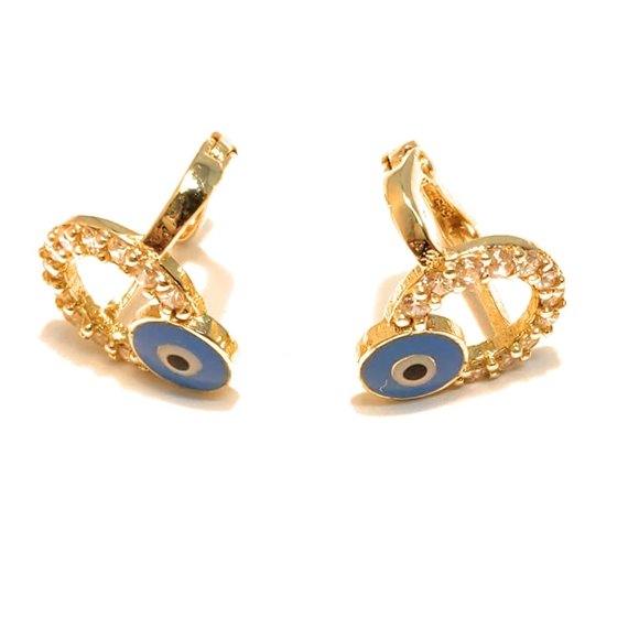 14 Carat Gold Earrings Enamel Evil Eye CZ Stones - Picture 3 of 10